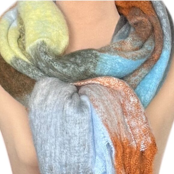 NEW Large Chunky Scarf Wool Mohair Multi Plaid Thick Fuzzy Long Fringe Winter - Picture 6 of 11